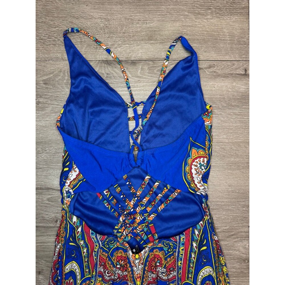 Blue Paisley Maxi Dress Open Back Criss Cross Side Slits Small - Picture 5 of 6